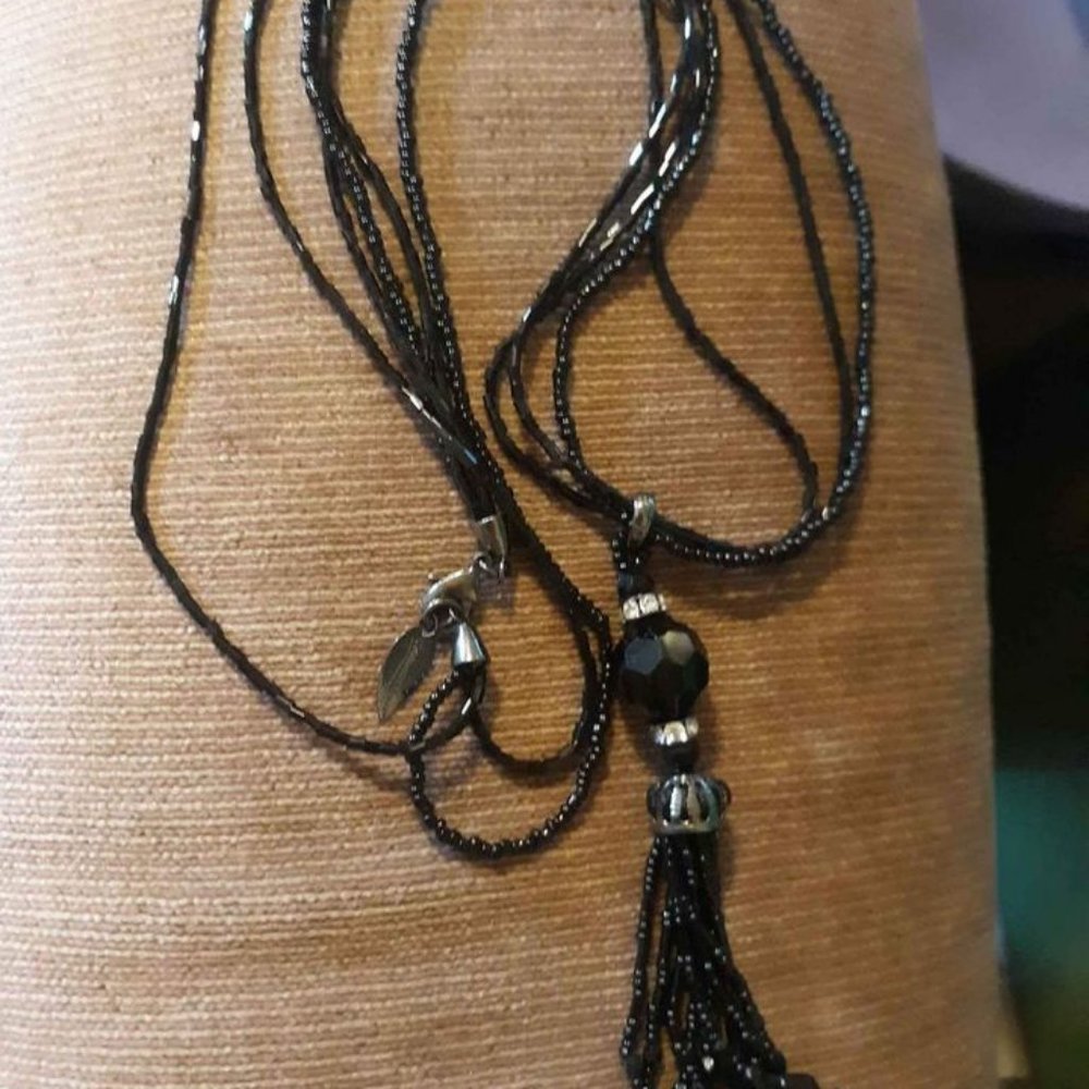 Gorgeous cold water creek black beaded necklace with tassel and rhinestones